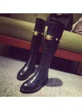 Leisuer Style Versace Medusa Womens Black Leather Adornment Over The Knee Pull On Slouchy Boots 