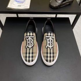 Spring/Fall Burberry Big B Logo Embroidery Vintage Check Pattern Cotton Fabric & Black Leather Patchwork Loafers